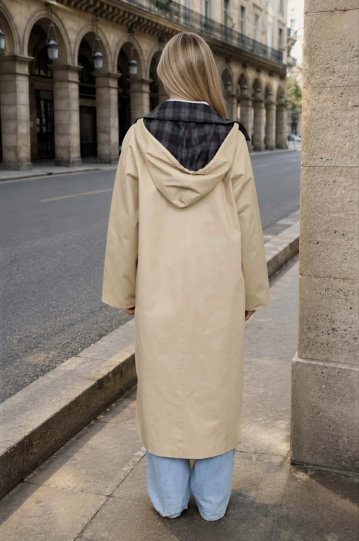Plaid Collor Hooded Long Coat