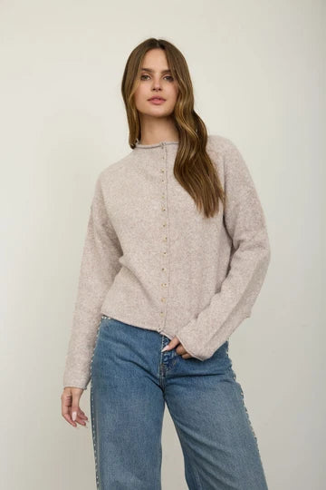 Raw Edge Mock Neck Button Down Cardigan