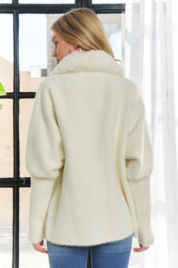 Faux Fur Accent Zip Up Sweater Coat