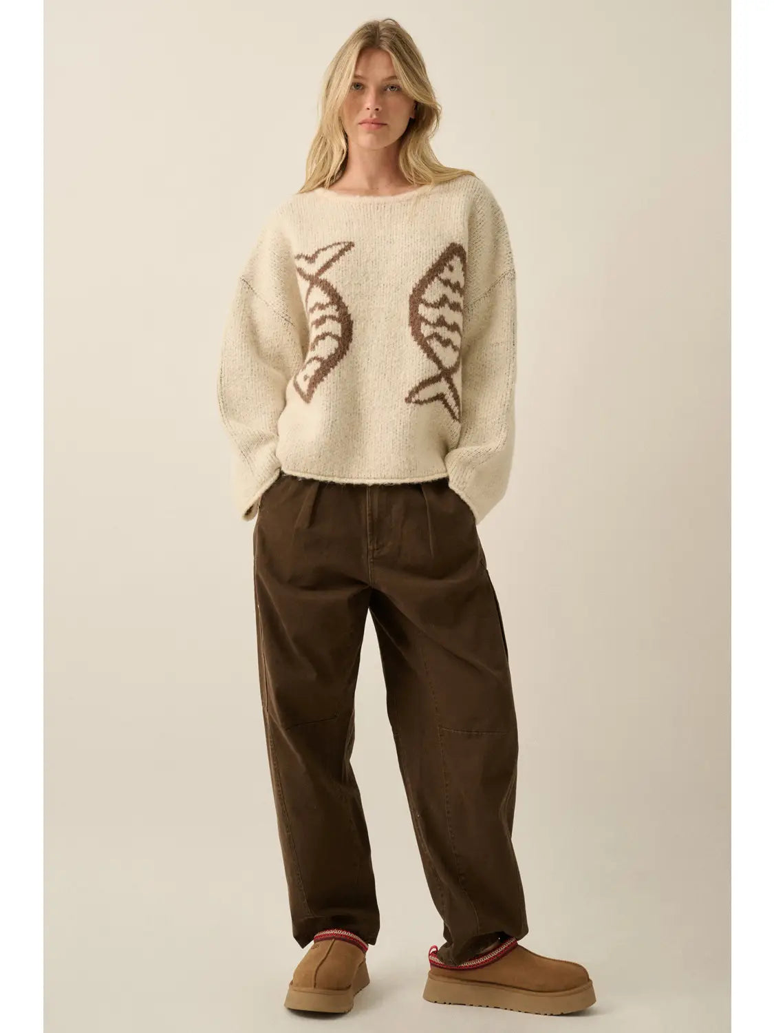 Fish Jacquard-Knit Drop-Shoulder Rolled-Edge Sweater