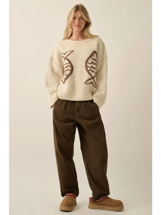Fish Jacquard-Knit Drop-Shoulder Rolled-Edge Sweater