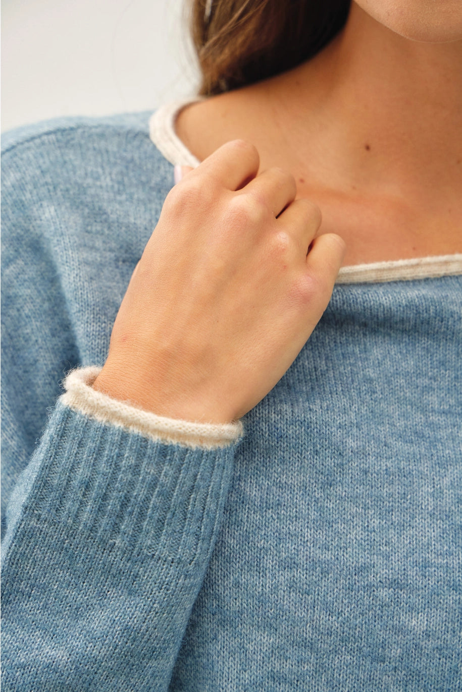 Contrast Layered-Look Boat Neck Cropped Sweater