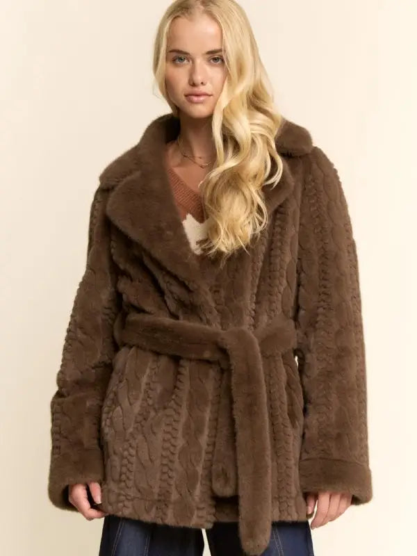 Cable-Textured Faux Fur Belted Coat
