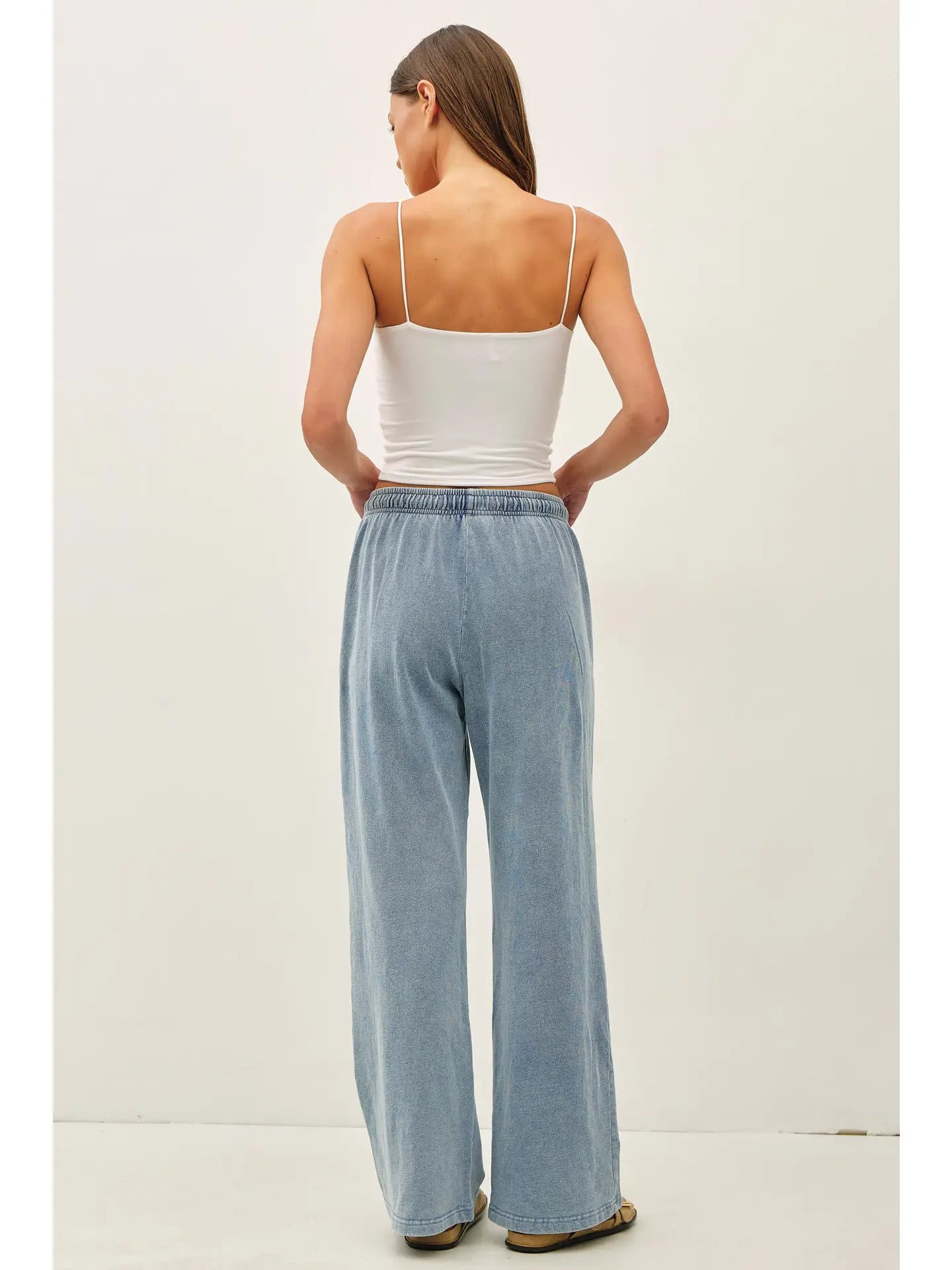 Cotton Terry Knit Denim Wide Leg Pull On Pants
