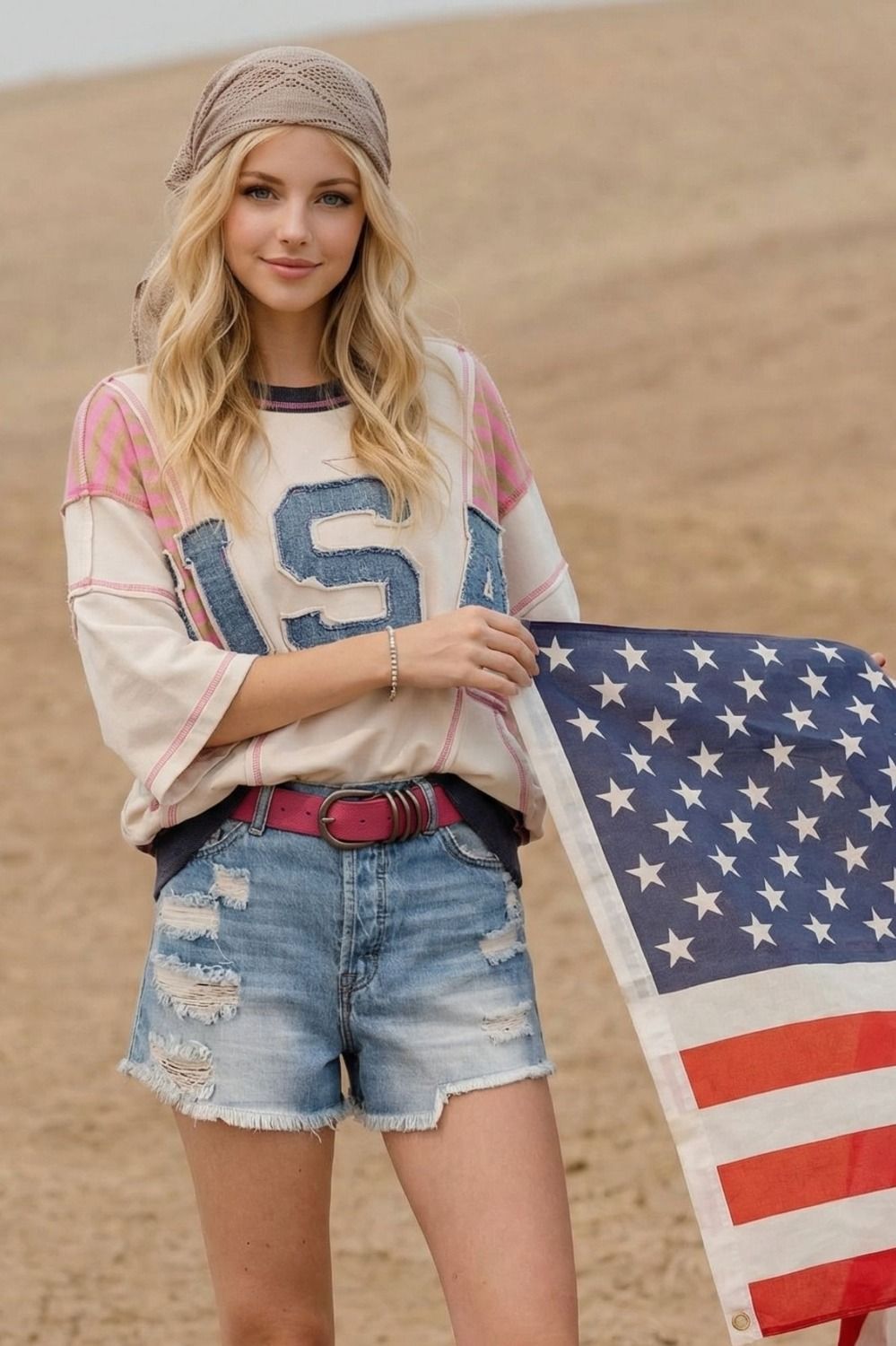 USA Patch Front Stripe Mix Washed Terry Pullover