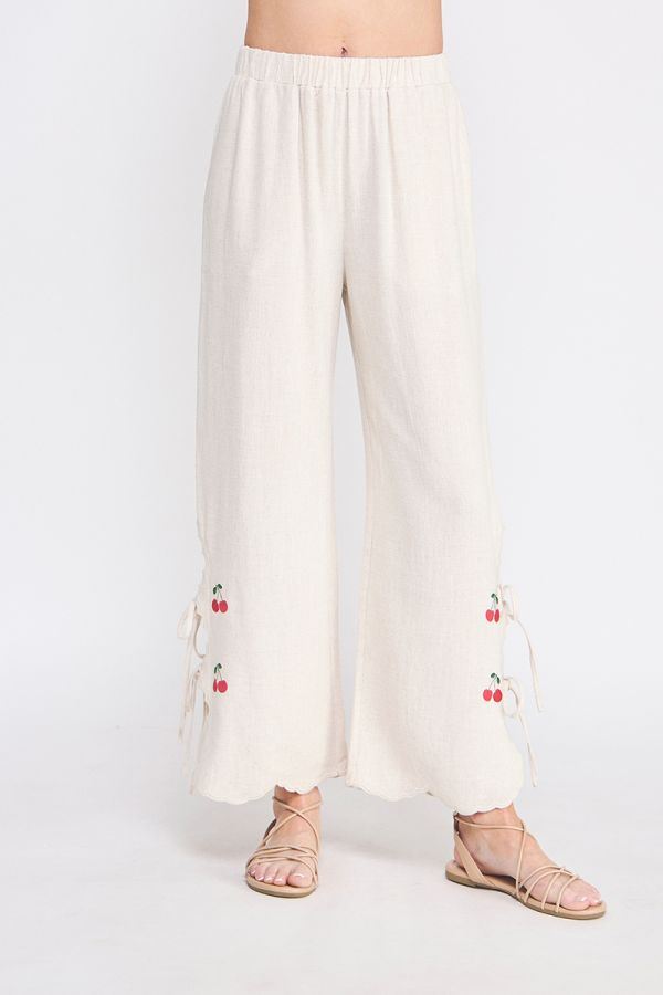 Soft Linen Elastic Waist Embroidered Pants