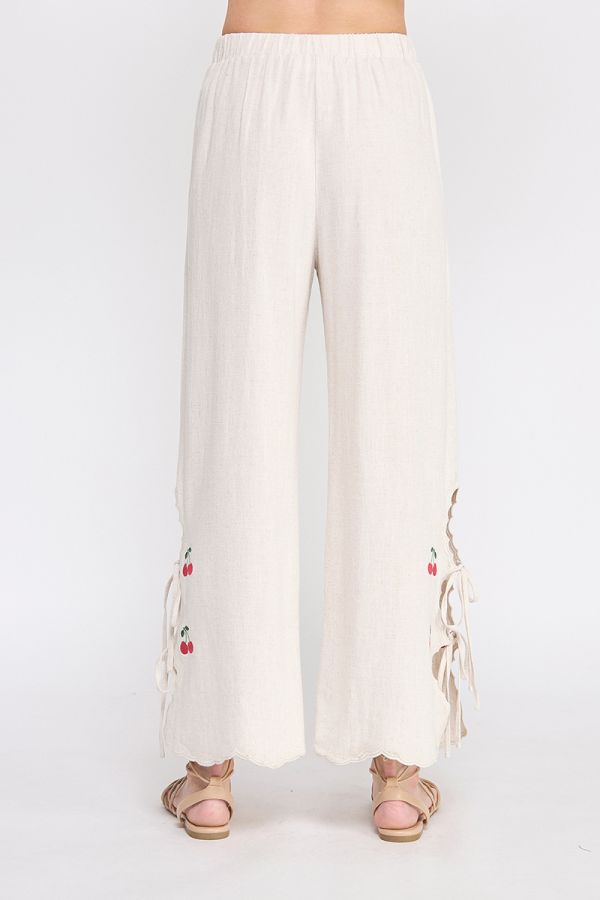 Soft Linen Elastic Waist Embroidered Pants