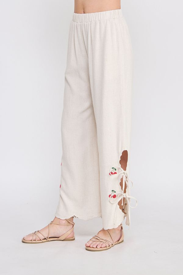 Soft Linen Elastic Waist Embroidered Pants