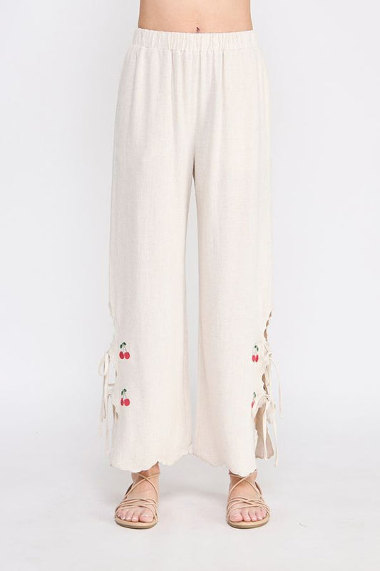 Soft Linen Elastic Waist Embroidered Pants