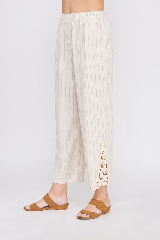 Striped Linen Blend Elastic Waist Ankle Pant w/ Crochet Patch Details