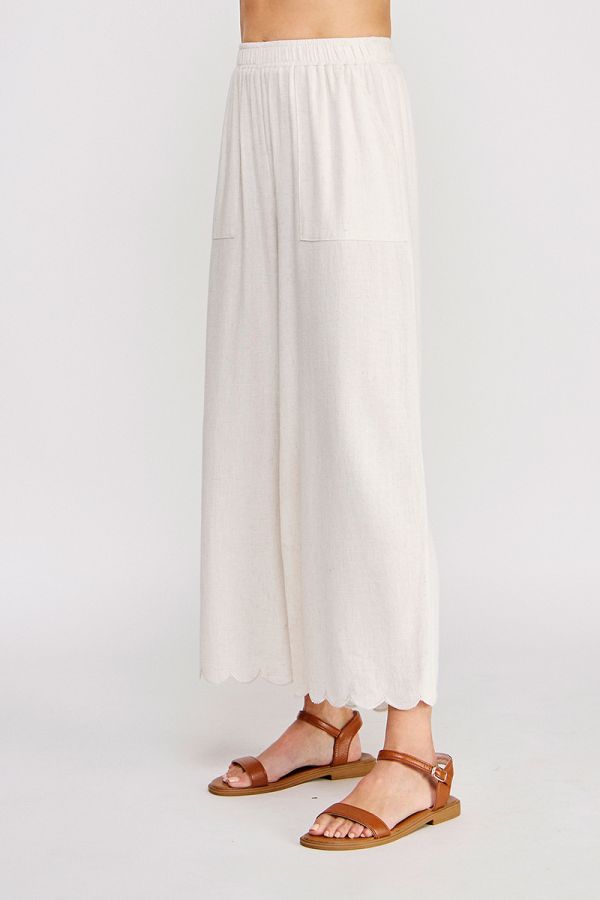 Soft Linen Blend Scallop Hem Elastic Waist Pant