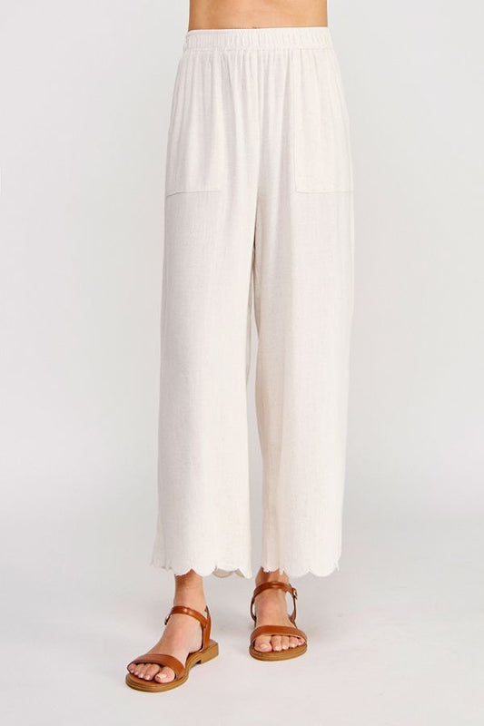 Soft Linen Blend Scallop Hem Elastic Waist Pant