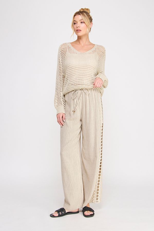 Soft Linen Elastic Tie Waist Crochet Cropped Pant
