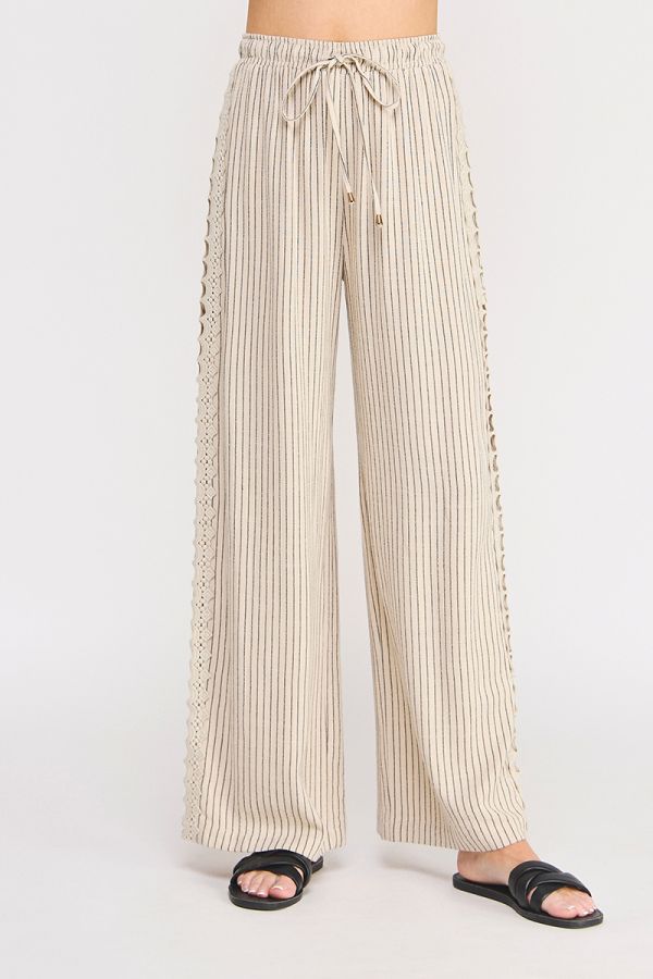 Soft Linen Elastic Tie Waist Crochet Cropped Pant