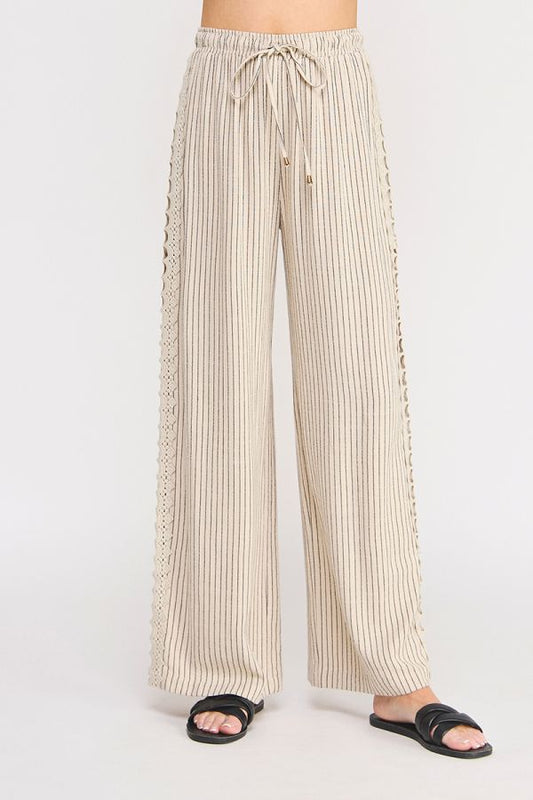 Soft Linen Elastic Tie Waist Crochet Cropped Pant