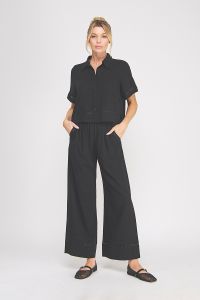 Soft Linen Blend Elastic Waist Pants w/ Trim Detail