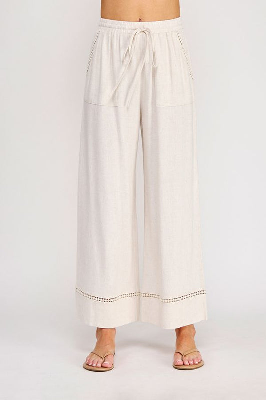 Soft Linen Blend Elastic Waist Pants w/ Trim Detail