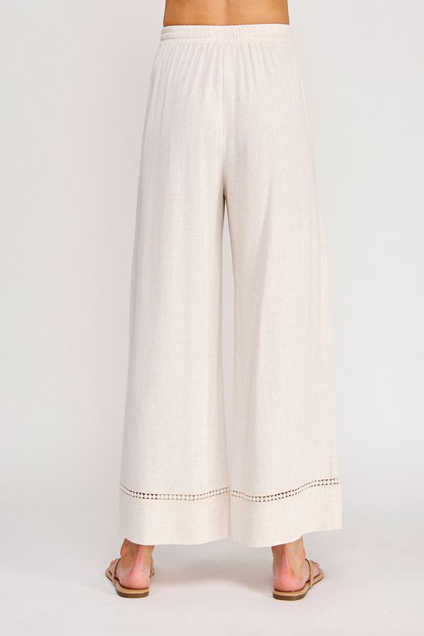 Soft Linen Blend Elastic Waist Pants w/ Trim Detail