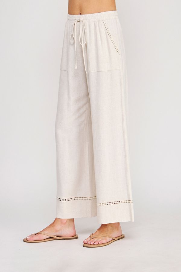 Soft Linen Blend Elastic Waist Pants w/ Trim Detail