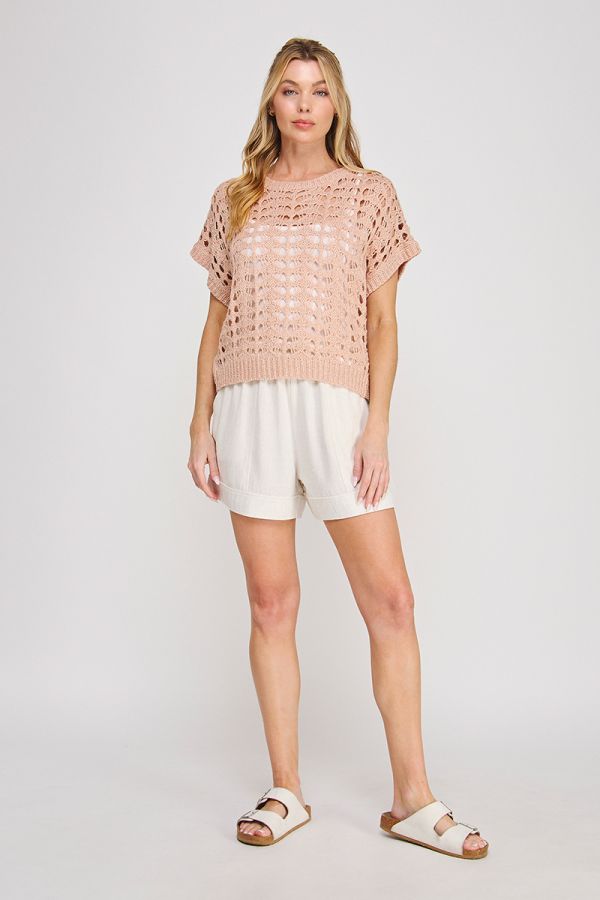 Elastic Waist Front Tie Constructed Linen Short
