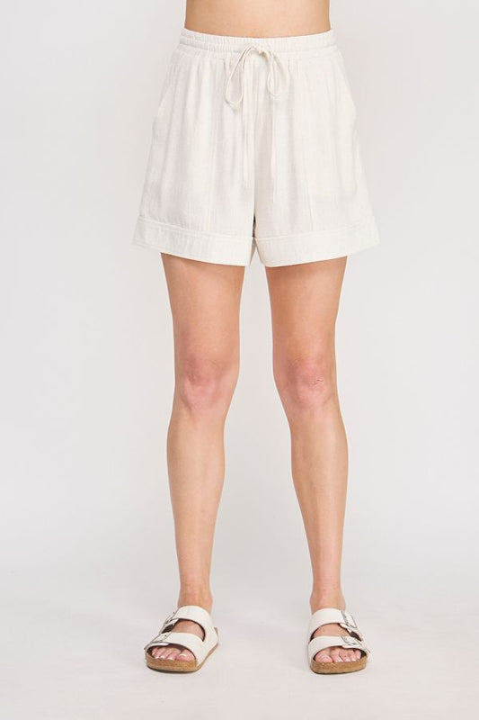 Elastic Waist Front Tie Constructed Linen Short