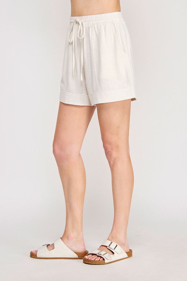 Elastic Waist Front Tie Constructed Linen Short