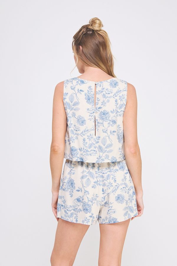 Printed Soft Linen Square Neck Sleeveless Romper