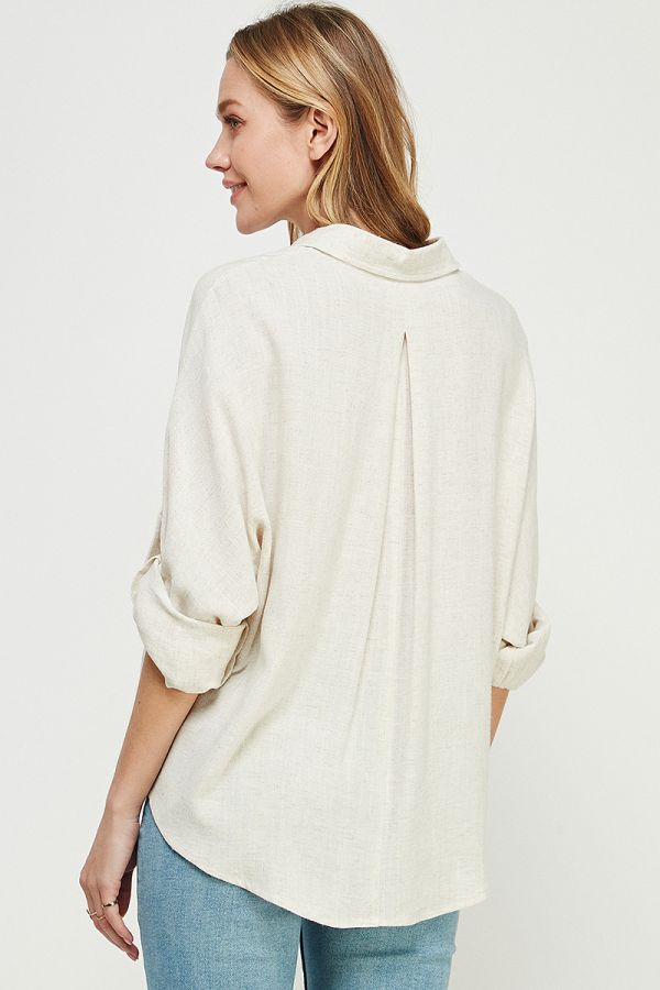 Relaxed Fit Linen Blend Long Sleeve Roll Tab Dolman Button Front Shirt