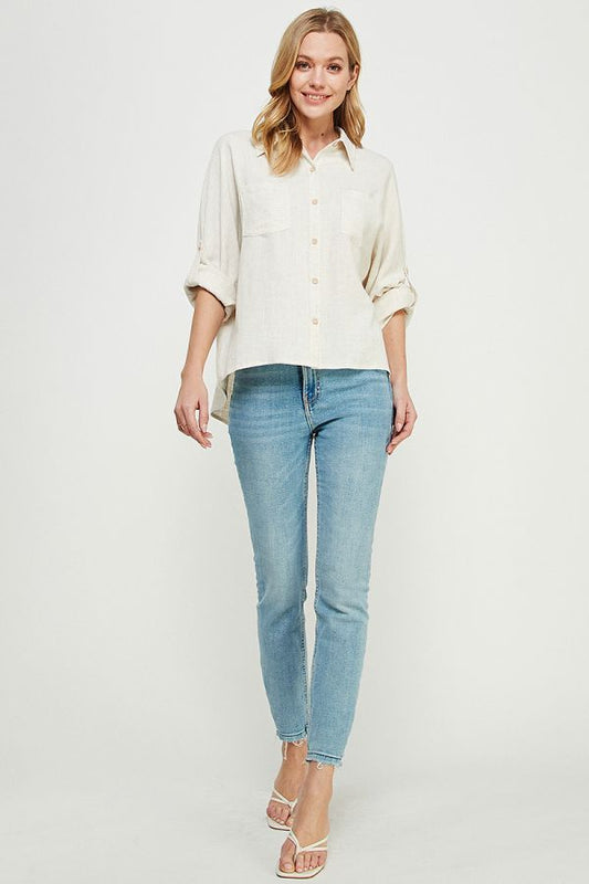 Relaxed Fit Linen Blend Long Sleeve Roll Tab Dolman Button Front Shirt
