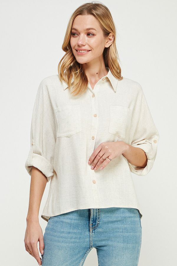 Relaxed Fit Linen Blend Long Sleeve Roll Tab Dolman Button Front Shirt