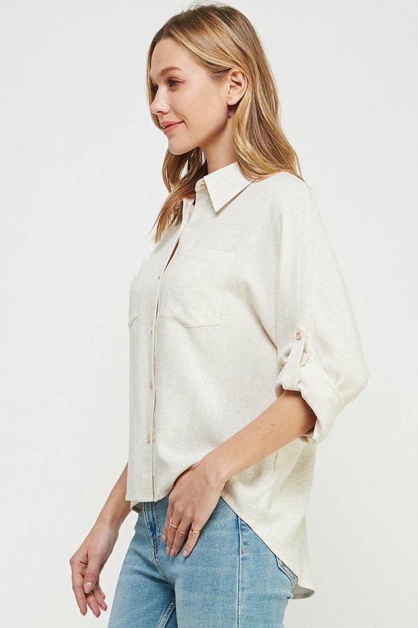 Relaxed Fit Linen Blend Long Sleeve Roll Tab Dolman Button Front Shirt
