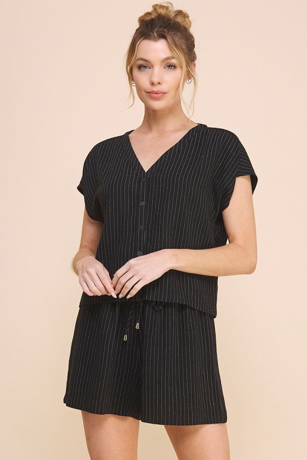 Easy Short Sleeve Dolman Collarless V-Neck Button Front Shirt