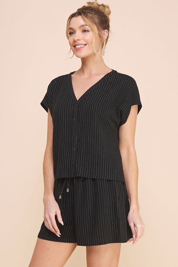 Easy Short Sleeve Dolman Collarless V-Neck Button Front Shirt