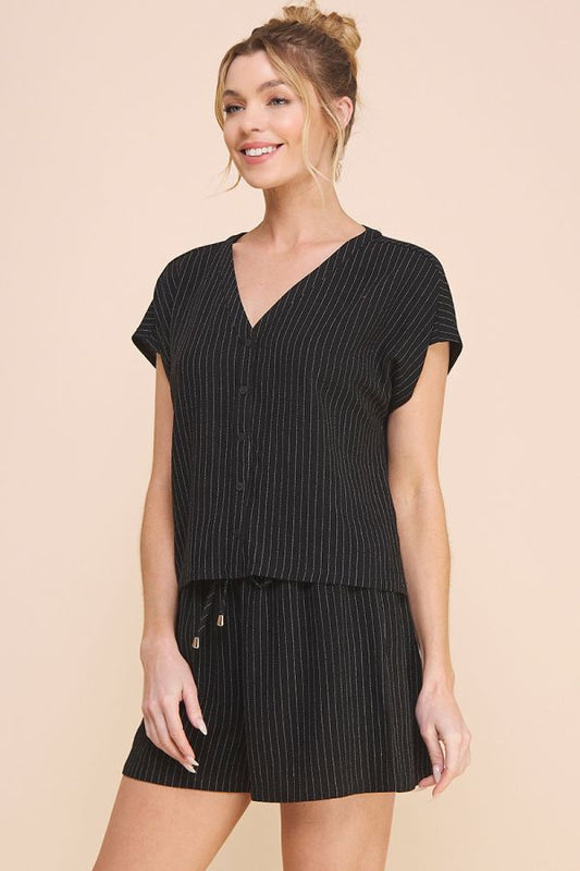 Easy Short Sleeve Dolman Collarless V-Neck Button Front Shirt