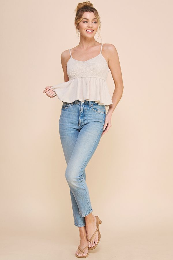 Linen Blend Smock Cami Tank Babydoll Top