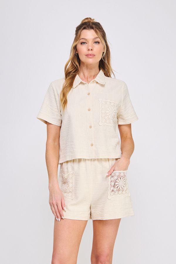 Textured Woven Sleeveless Camp Shirt w/ Crochet Pocket