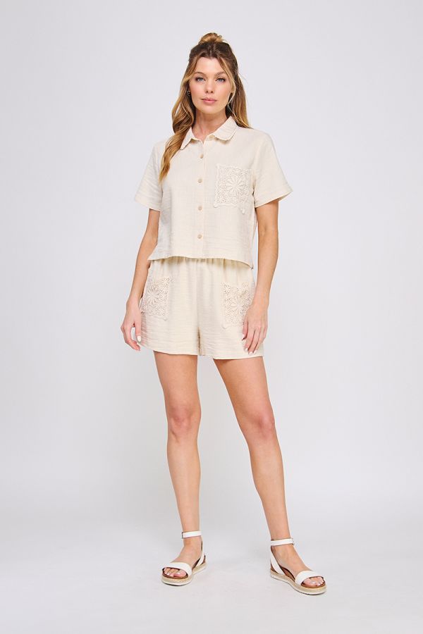 Textured Woven Sleeveless Camp Shirt w/ Crochet Pocket