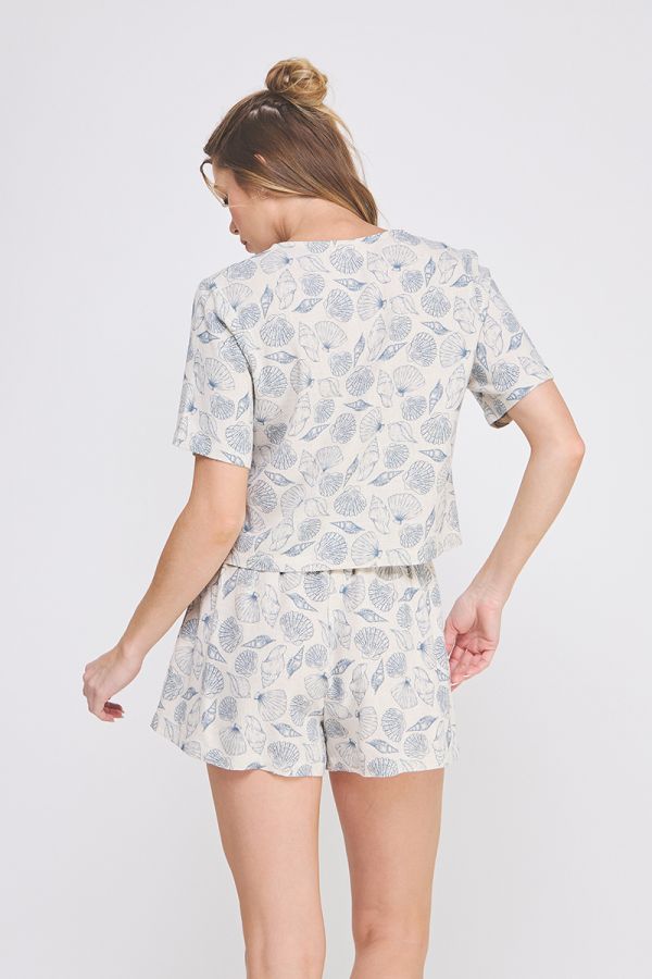 Seashell Printed Linen V-Neck Button Up Sleeveless Top
