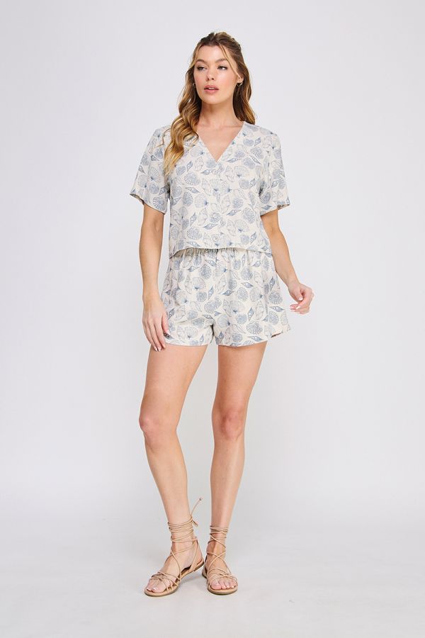 Seashell Printed Linen V-Neck Button Up Sleeveless Top
