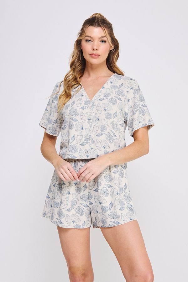 Seashell Printed Linen V-Neck Button Up Sleeveless Top