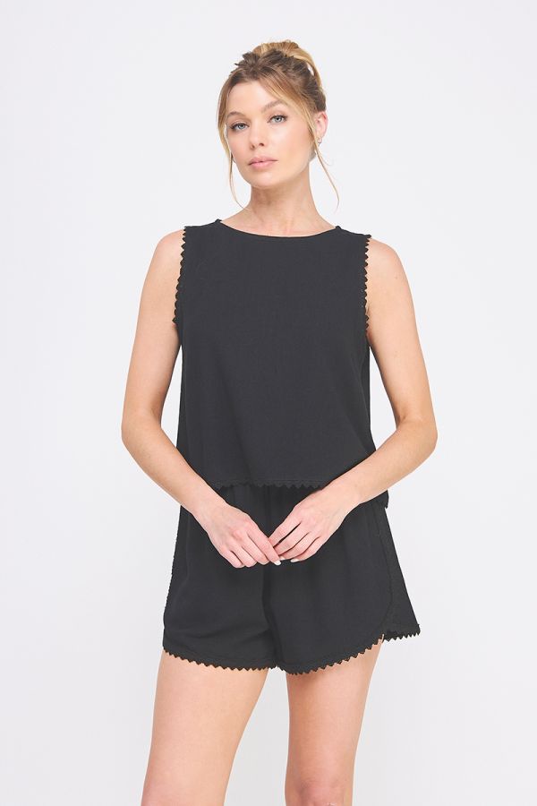 Soft Linen Blend Sleeveless Top w/ Crochet Lace Trim