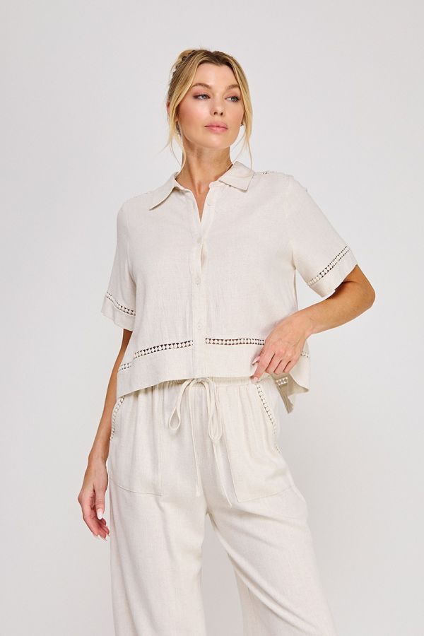 Soft Linen Blend Button Up Shirt w/ Trim Details and Back Tie