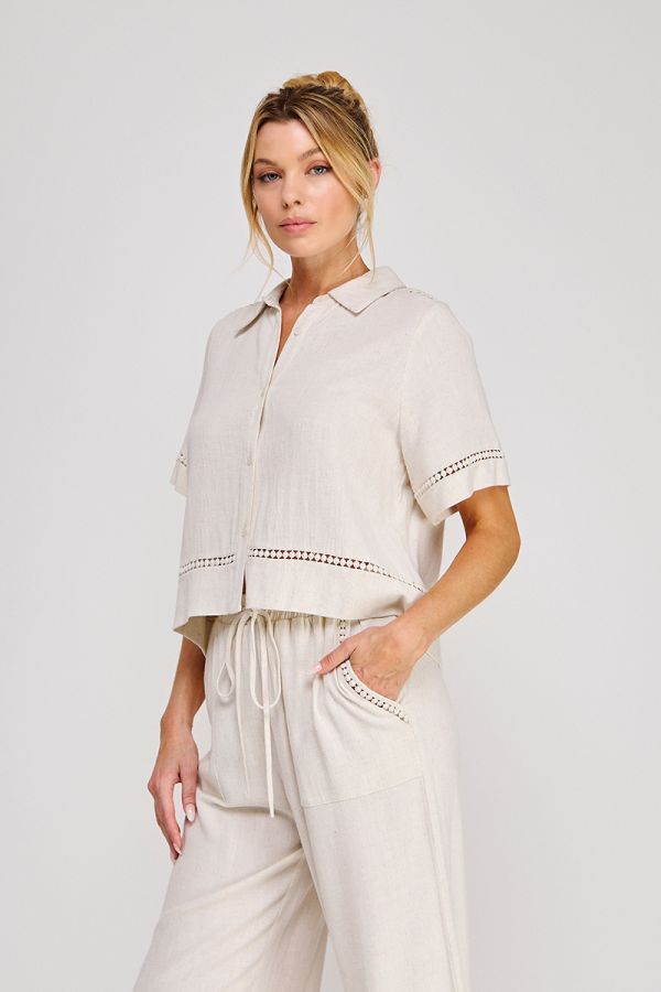 Soft Linen Blend Button Up Shirt w/ Trim Details and Back Tie
