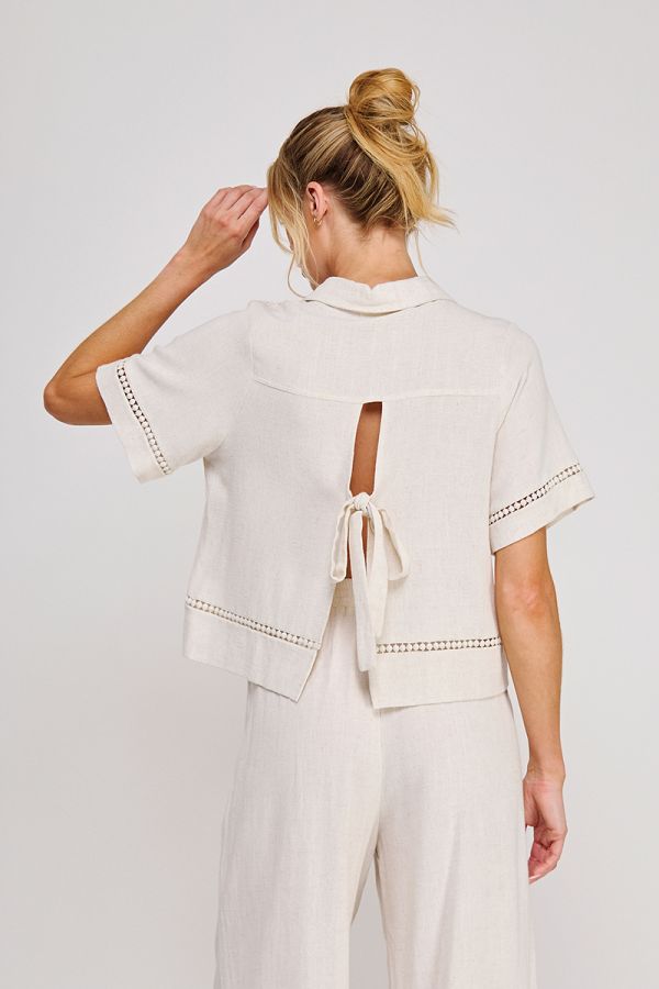 Soft Linen Blend Button Up Shirt w/ Trim Details and Back Tie