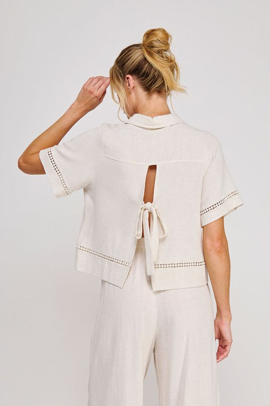 Soft Linen Blend Button Up Shirt w/ Trim Details and Back Tie