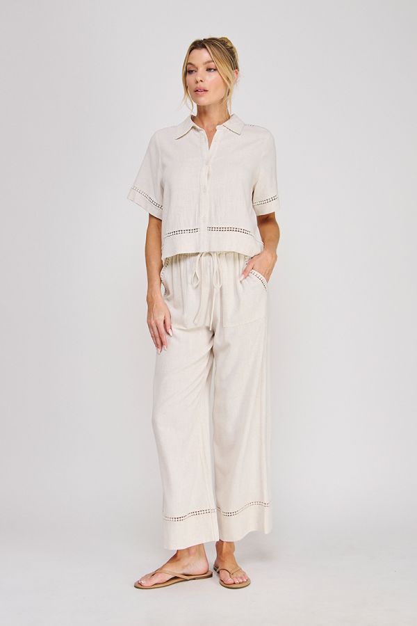 Soft Linen Blend Button Up Shirt w/ Trim Details and Back Tie