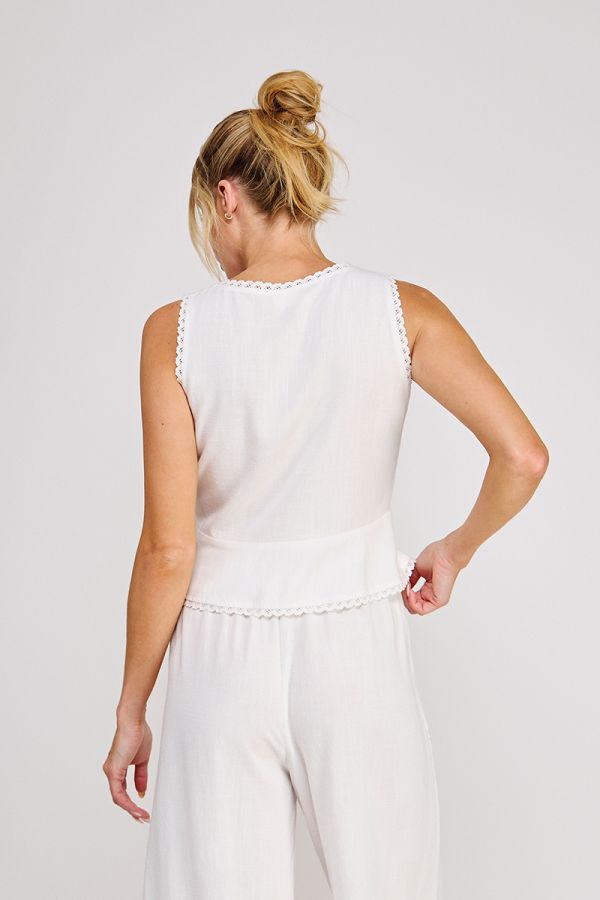 3-Tie Lace Detail Linen Blend Peplum Tank