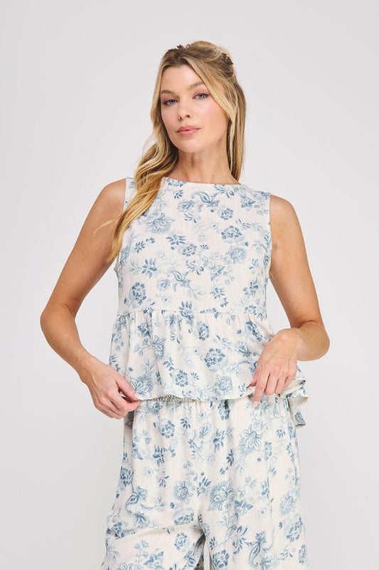 Printed Soft Linen Sleeveless Top w/ Ruffle Back Opening