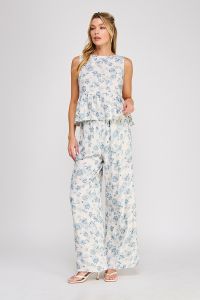 Printed Soft Linen Sleeveless Top w/ Ruffle Back Opening