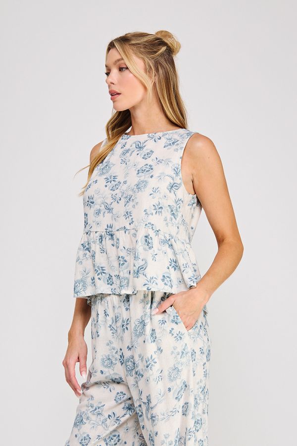 Printed Soft Linen Sleeveless Top w/ Ruffle Back Opening